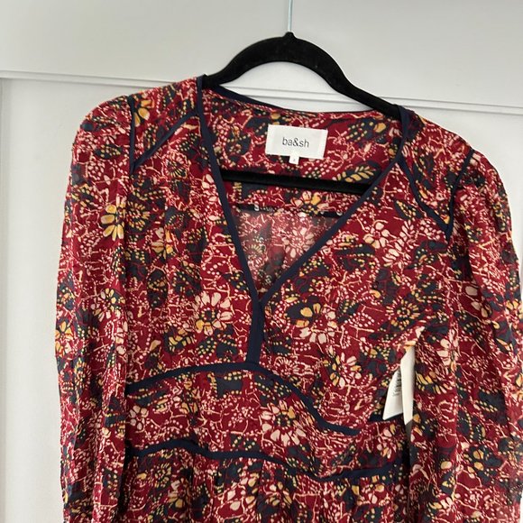 BA&SH Gigi Midi Dress Tiered All-over Floral Print Burgundy V-neck Long Sleeve - Picture 8 of 11